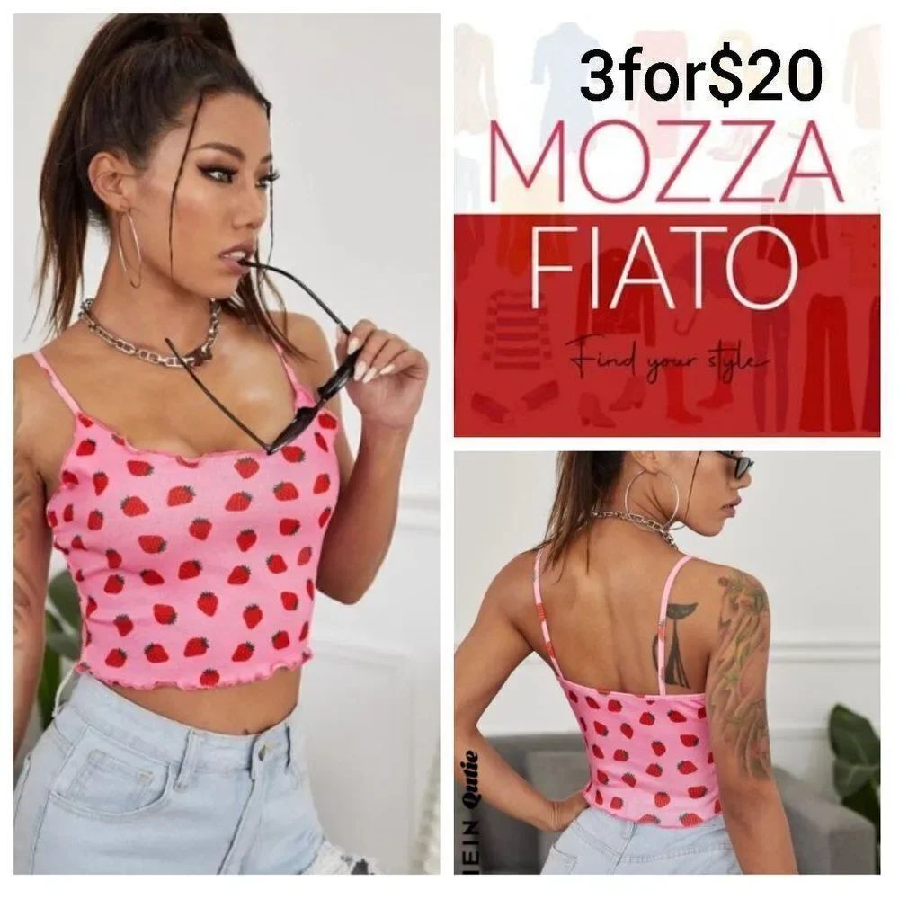 3for$20 NWT SHEIN Qutie Strawberry Print Lettuce Edge Cami Top